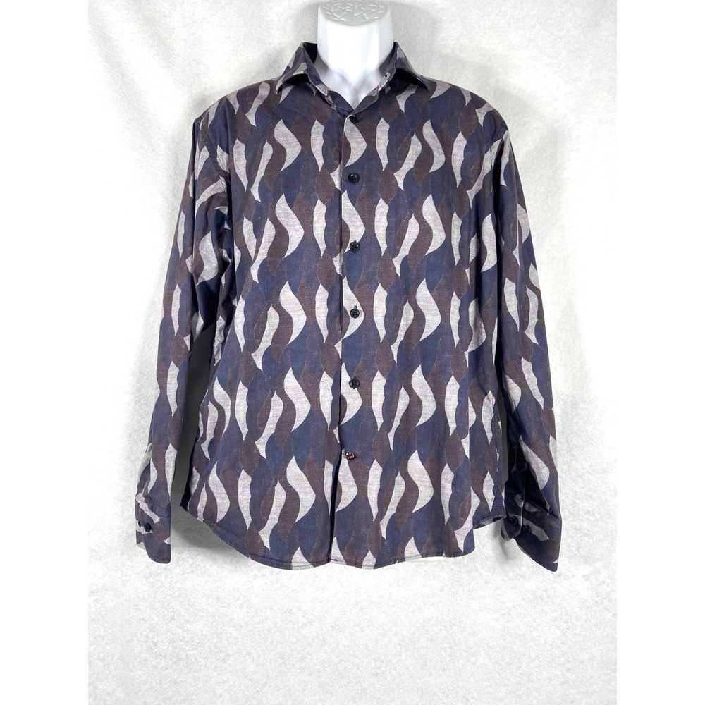Luchiano Visconti Shirt Mens Large Blue Brown Button Up Long Sleeve Geometric